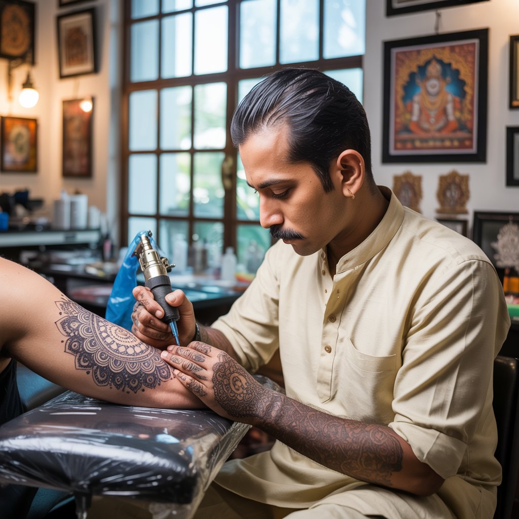 A skilled tattoo artist creating a detailed mandala design at Inkaura, a professional tattoo shop in Pune.